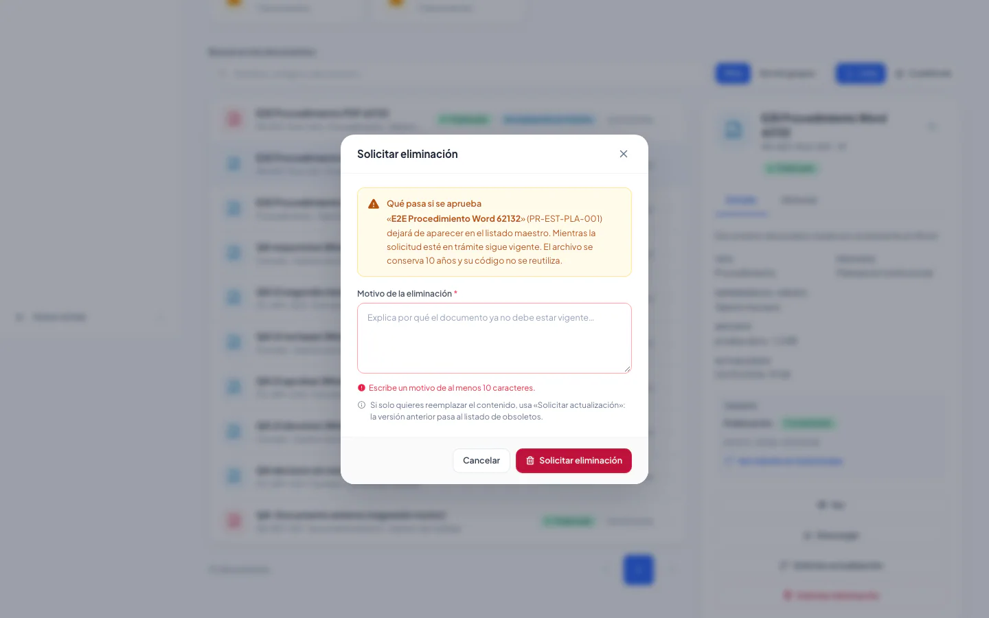 Eliminación sin motivo