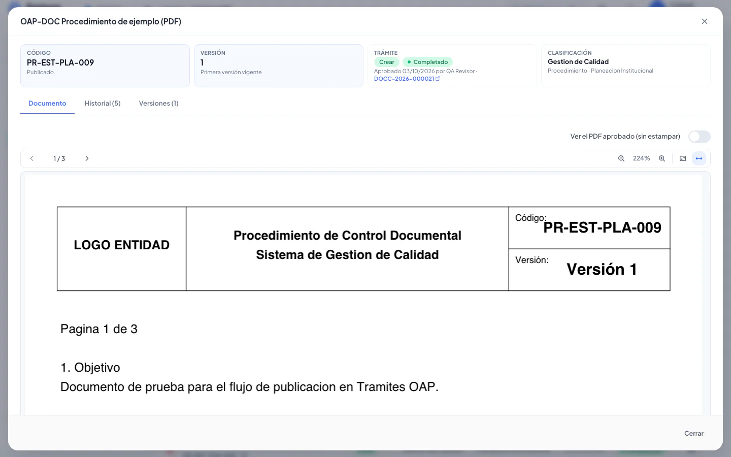 PDF publicado con código y versión