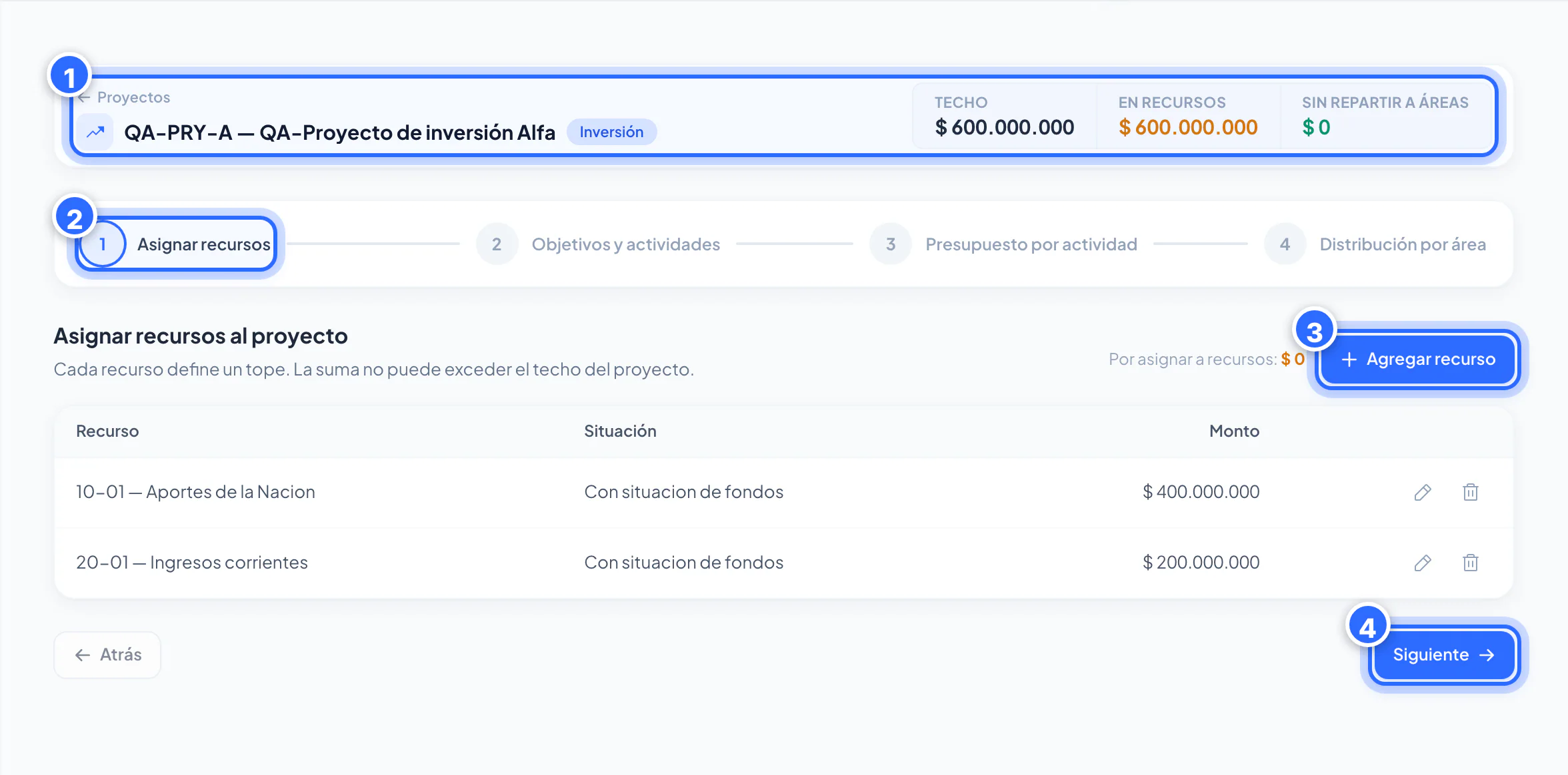 Asistente, paso 1: Asignar recursos