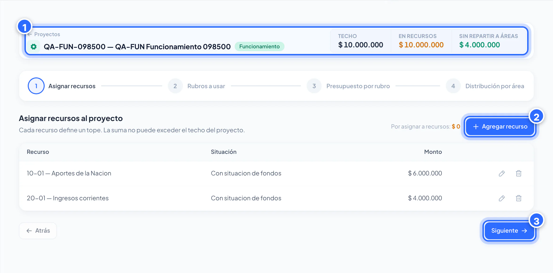 Funcionamiento, paso 1: Asignar recursos
