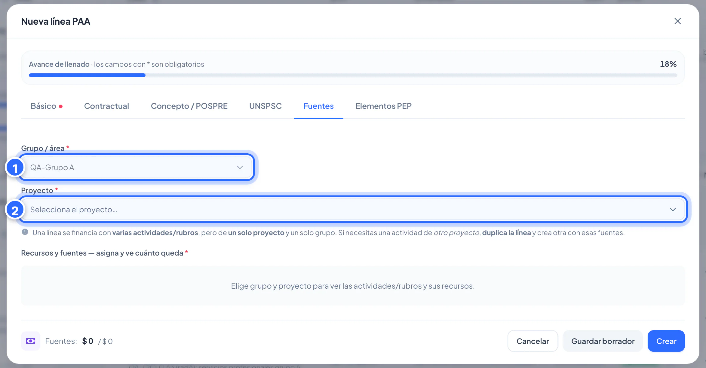 «Programar» abre «Nueva línea» con el grupo ya elegido