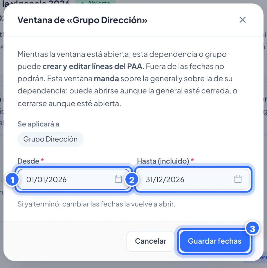 Editar las fechas de la ventana de un grupo