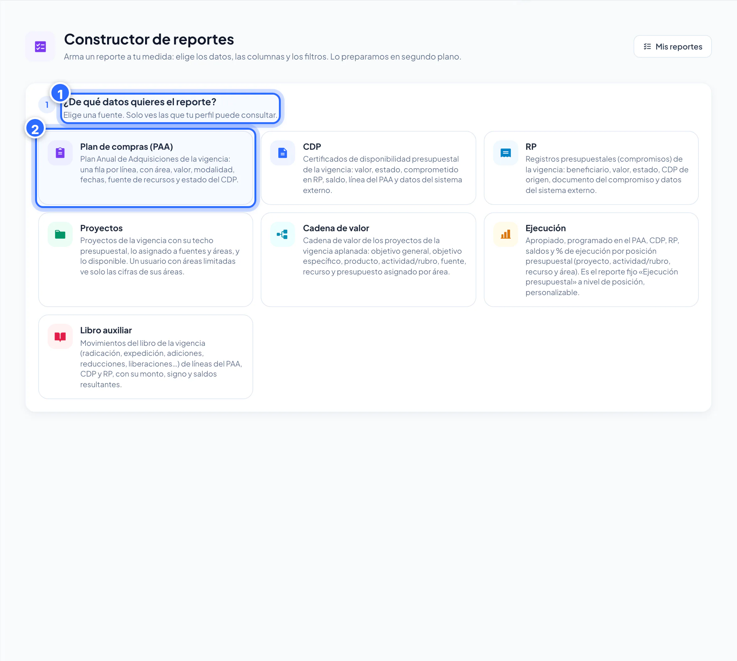 Constructor de reportes, paso 1: elegir la fuente de datos