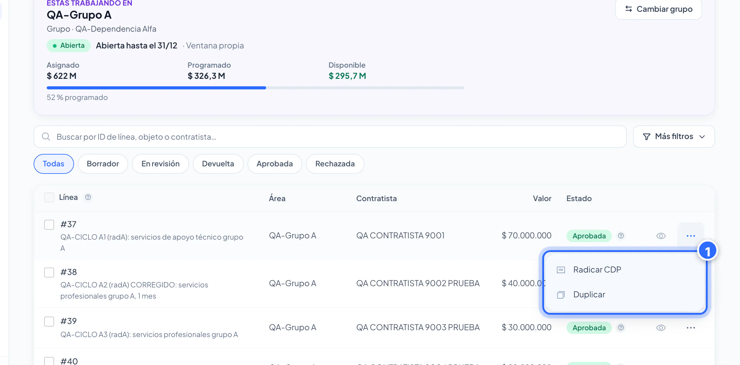 Línea con CDP vigente: el menú no ofrece «Reabrir»