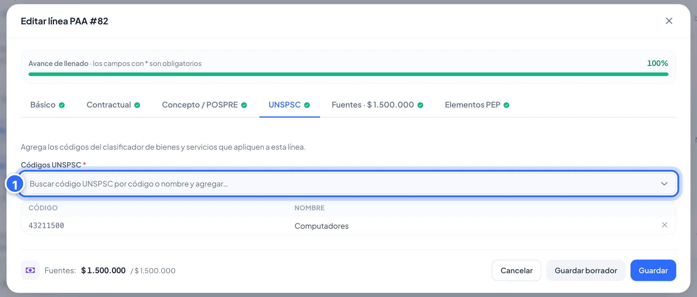 Pestaña UNSPSC