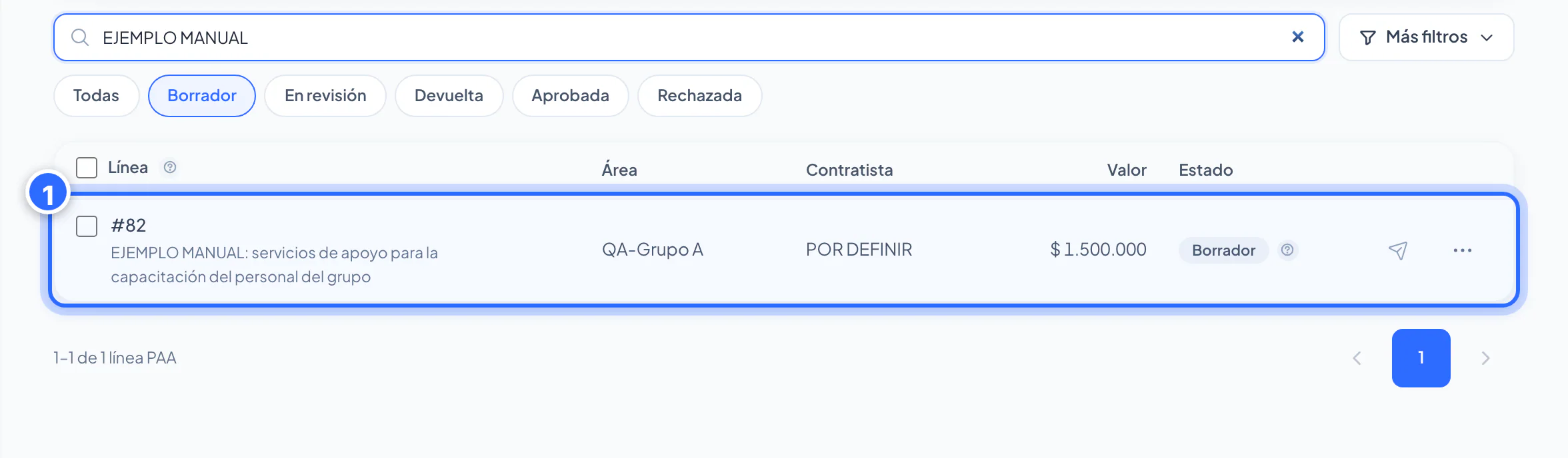 Línea en borrador con su acción «Radicar»