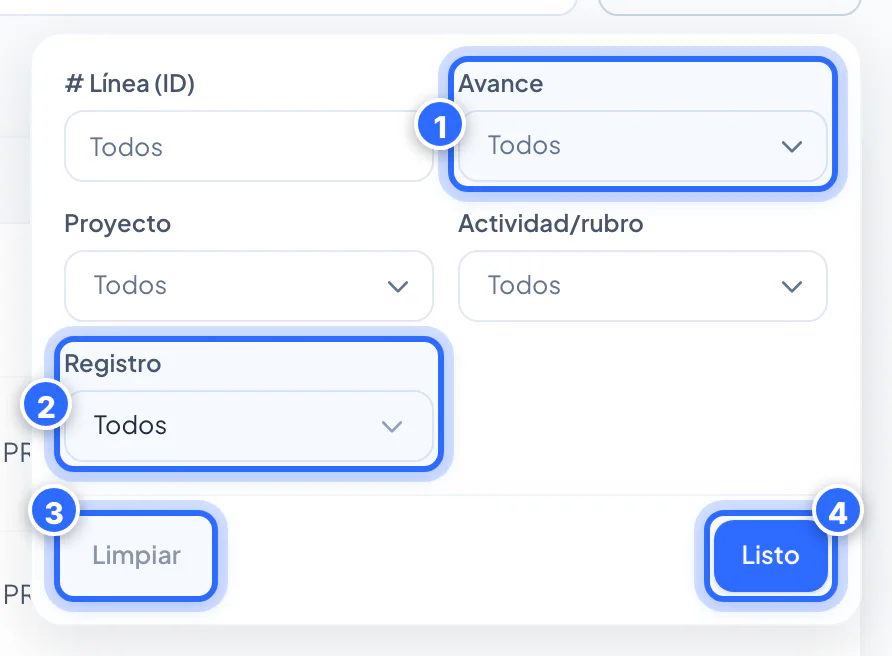 Filtros del listado del PAA