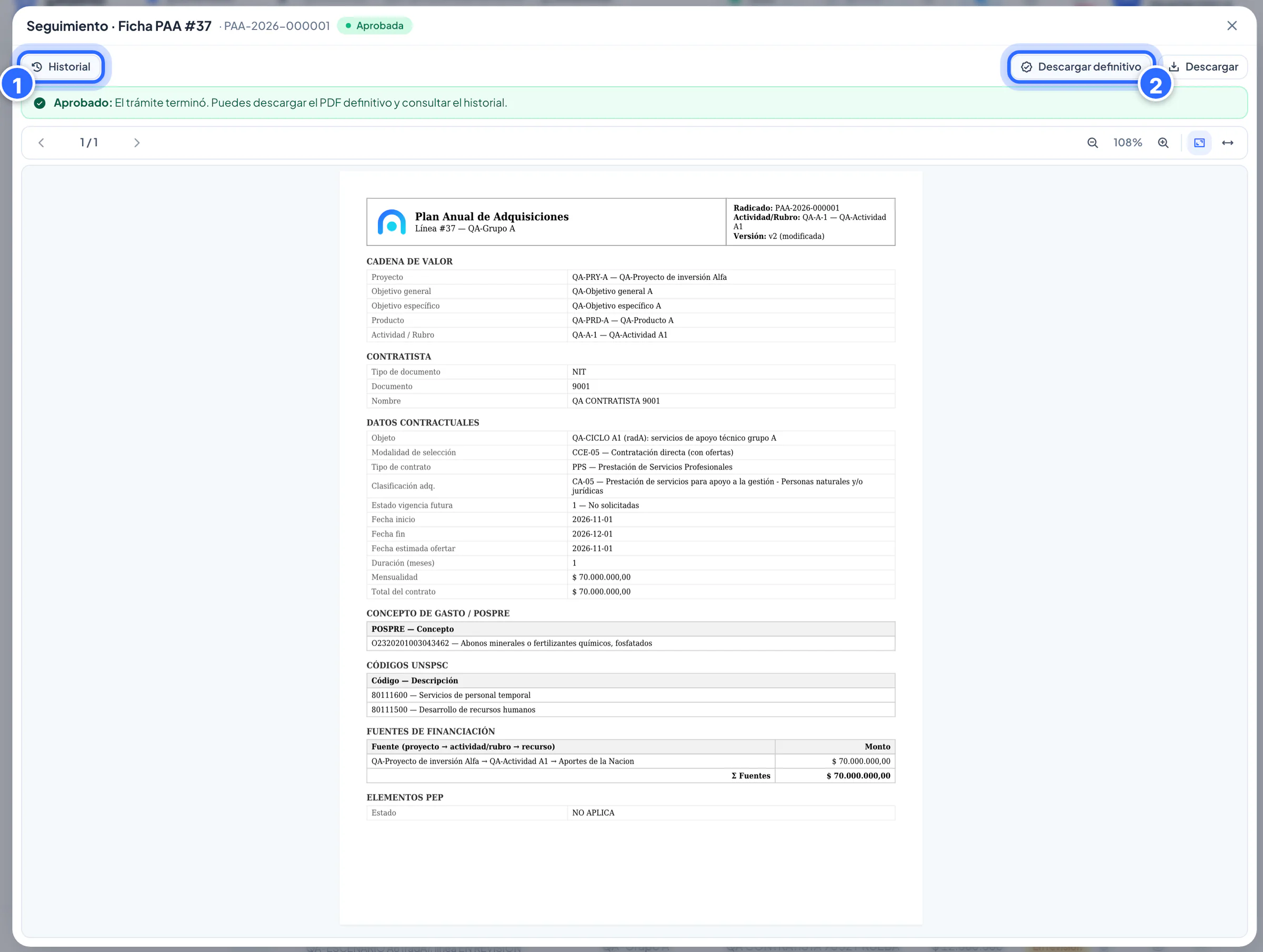 Seguimiento de una línea aprobada con su PDF