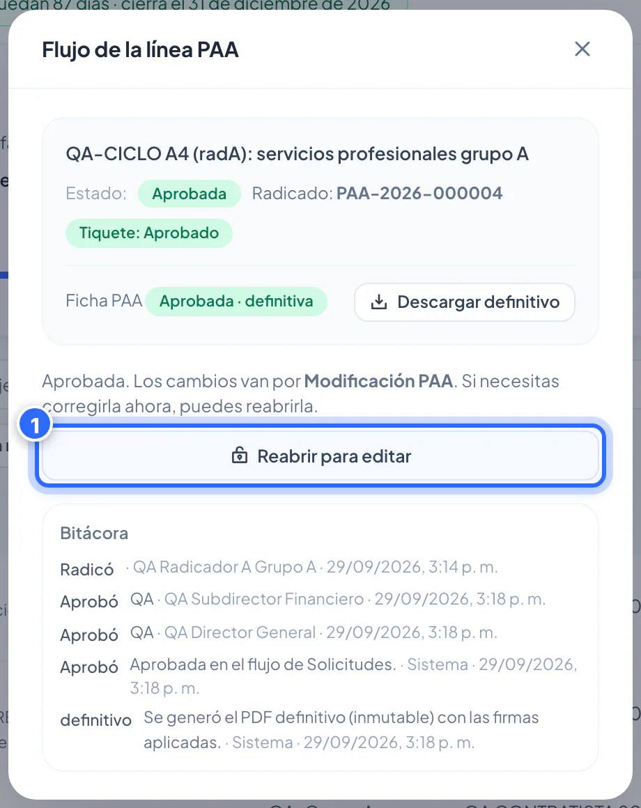 Línea aprobada: botón «Reabrir para editar»