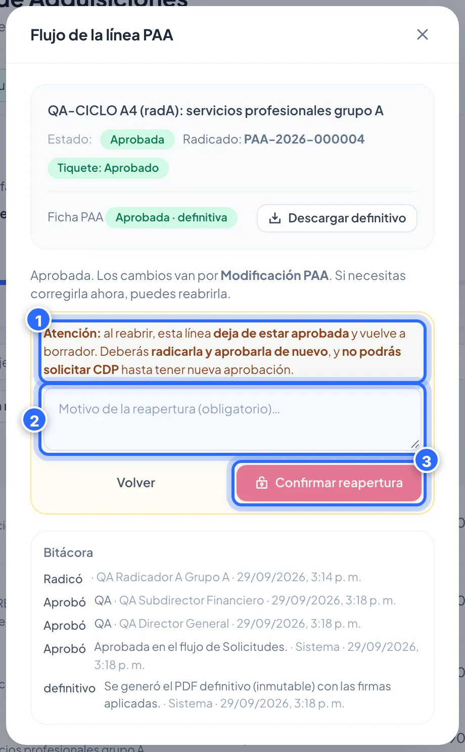 Advertencia y motivo de la reapertura