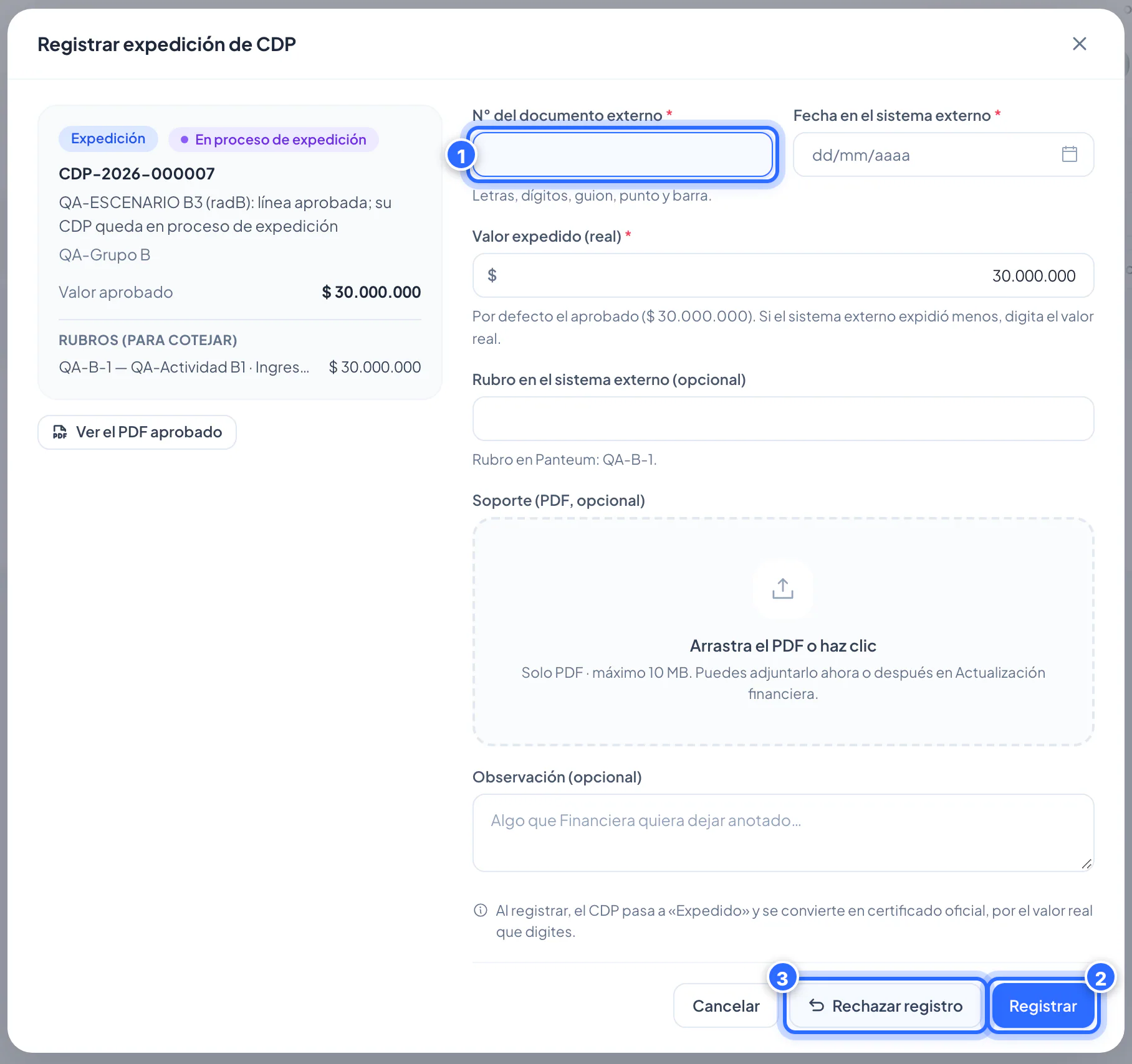 Registrar la expedición de un CDP