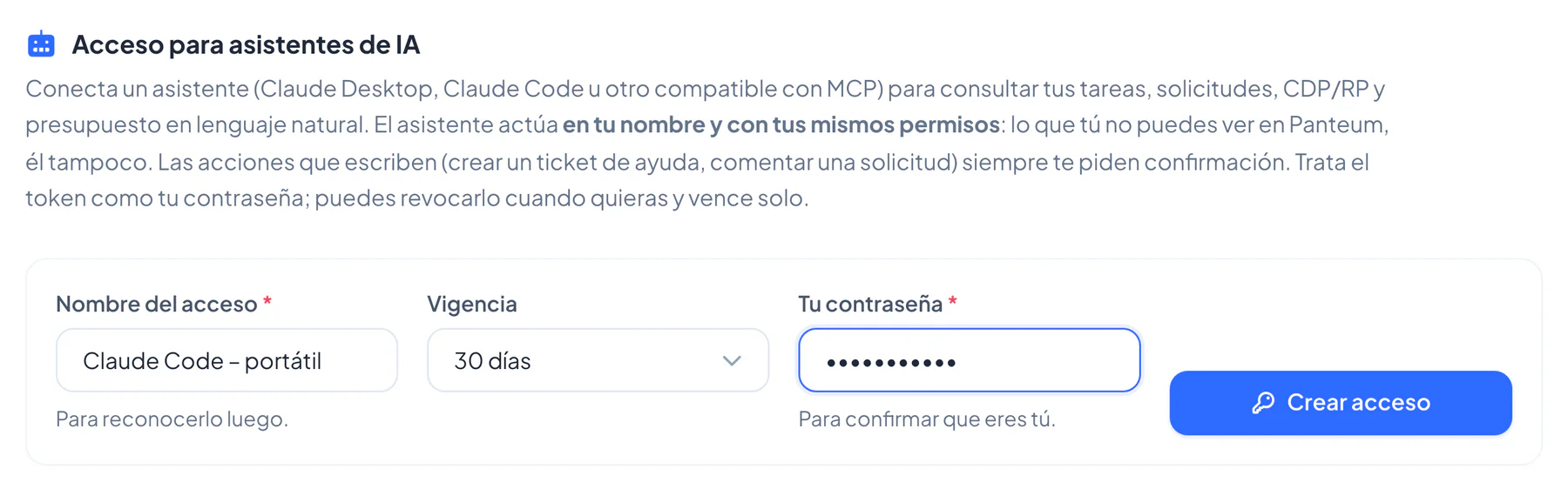 Formulario «Acceso para asistentes de IA» en Mi perfil